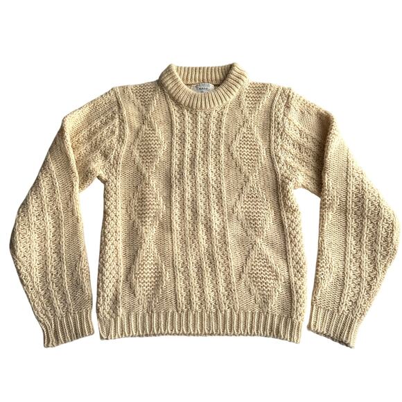 Thane VTG USA Made 100% Wool Chunky Fisherman Cable Cream Pullover Sweater M - Picture 1 of 8